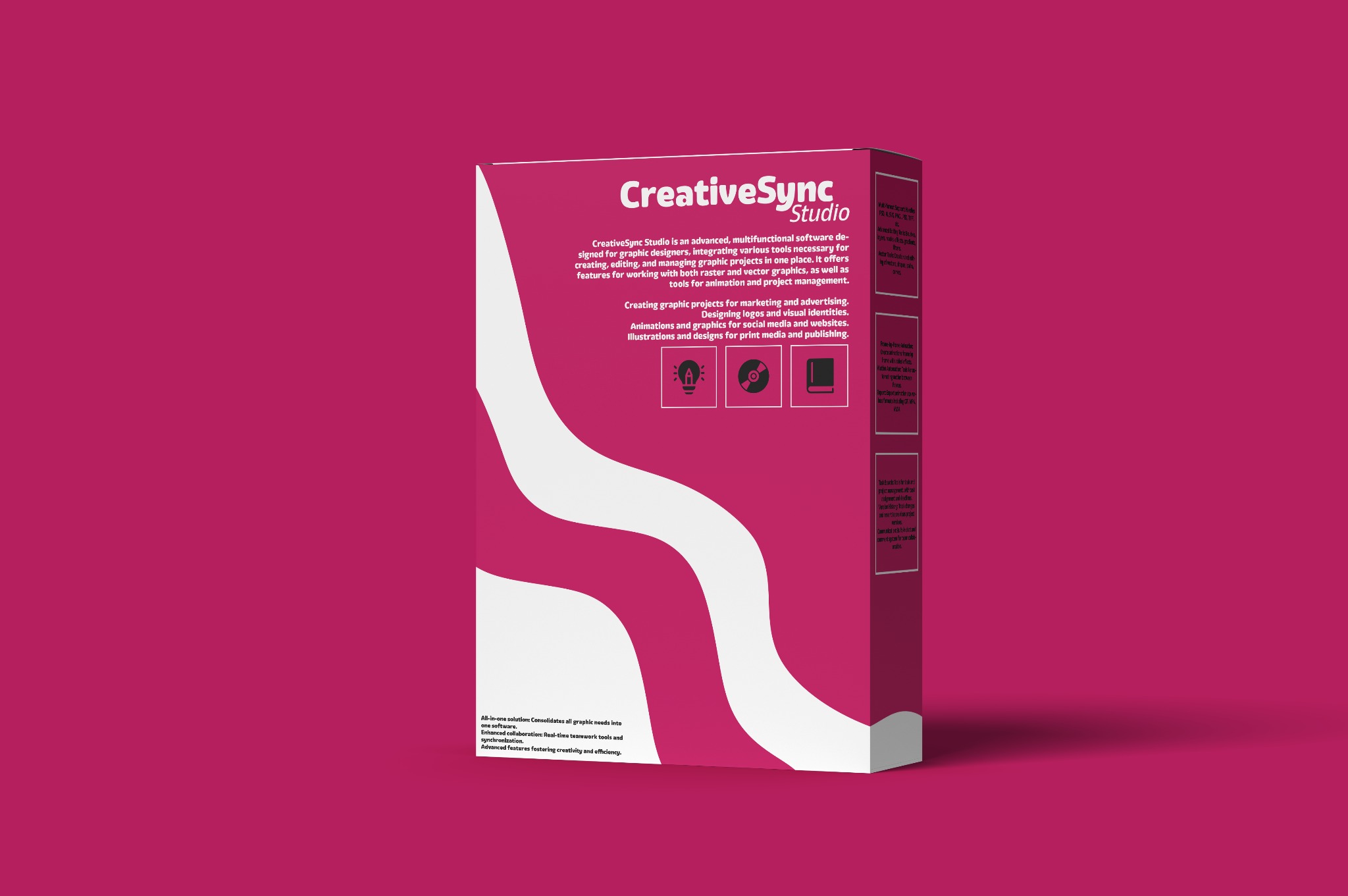 Pudełko oprogramowania CreativeSync Studio dla grafików, z opisem funkcji projektowania logo, animacji i grafiki do druku, na różowym tle.