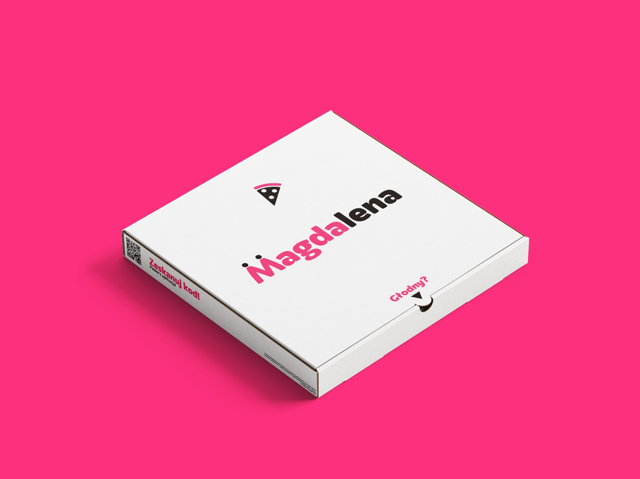 Białe pudełko na pizzę z czarno-różowym logo 'Magdalena' i ikoną pizzy na intensywnie różowym tle.