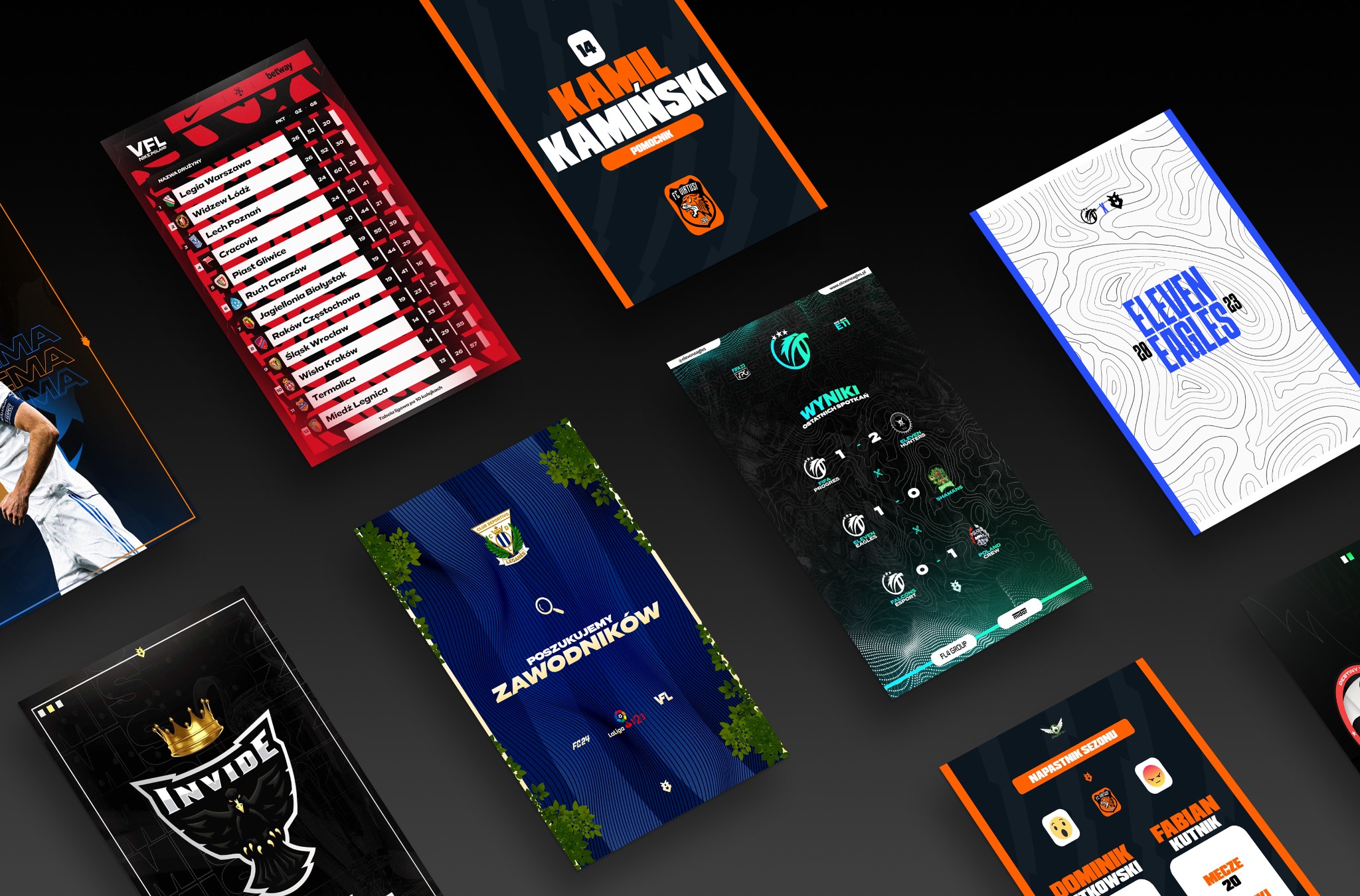 Kolekcja grafik sportowych z różnymi motywami: tabele ligowe, statystyki meczów, profile zawodników i ogłoszenia rekrutacyjne, ułożonych na ciemnoszarym tle.