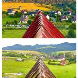 Czerwony dach z blachy na tle malowniczego krajobrazu górskiego z widokiem na wieś i las. Ujęcie z góry, z perspektywy dachu.