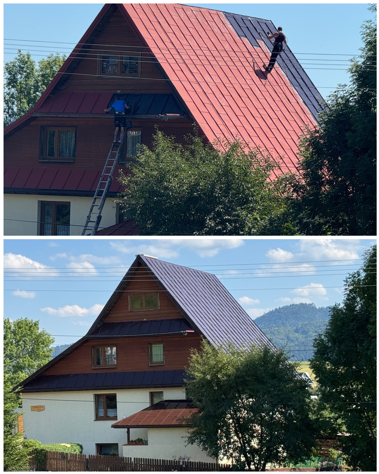 Zdjęcie 'przed i po' malowania dachu domu jednorodzinnego. Na górze malarz na drabinie maluje czerwoną połać na ciemny kolor, na dole widok dachu po malowaniu na tle gór.