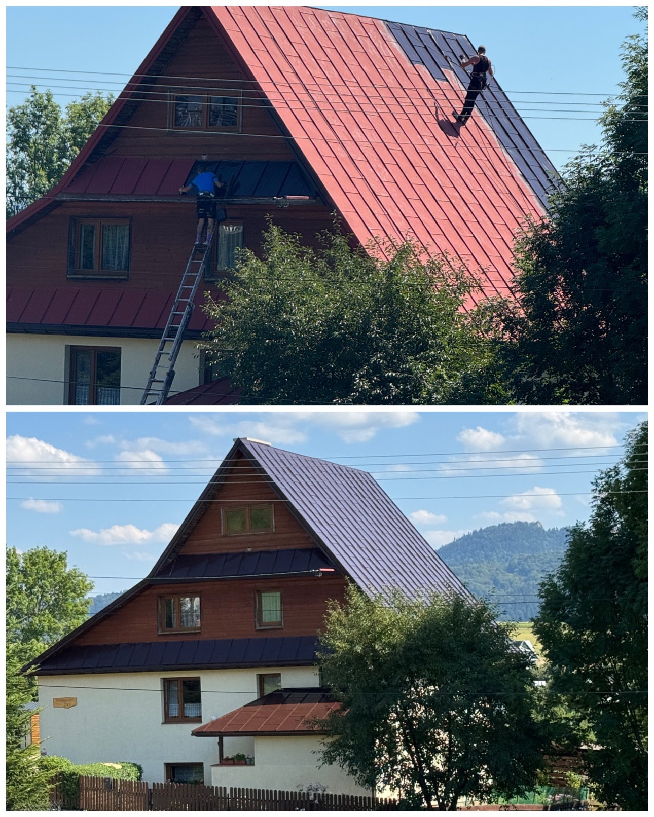 Porównanie dachu przed i po malowaniu: czerwony (przed) i grafitowy (po). Dwóch pracowników na dachu podczas pracy, drabina oparta o ścianę budynku. Widok w słoneczny dzień.
