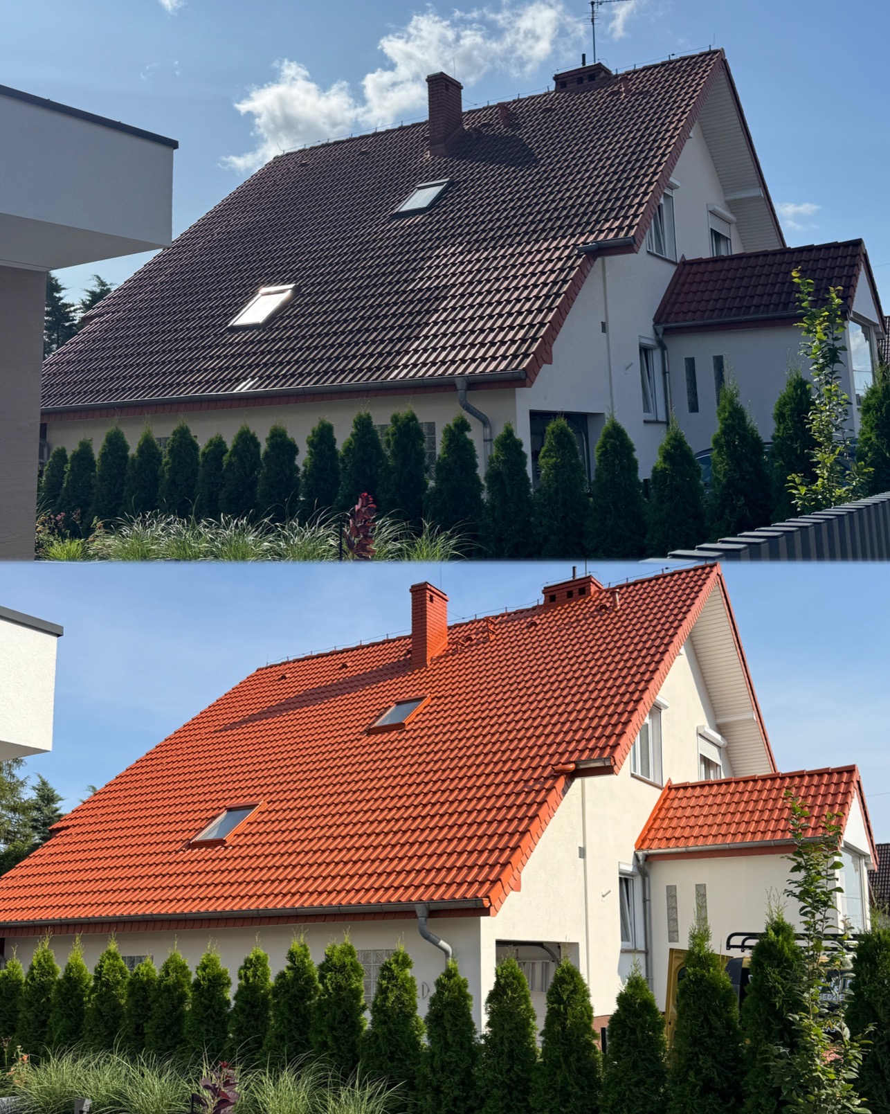 Zdjęcie 'przed i po' prezentujące dom z dachem: ciemny, brązowy dach przed renowacją i jaskrawo czerwony dach po malowaniu. Widoczne okna dachowe i komin.