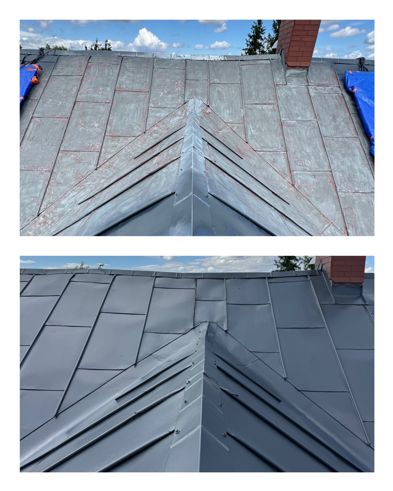 Dach z blachy przed i po malowaniu. Na górze stara, zniszczona powłoka, na dole świeża, szara farba. Widoczny komin i fragment nieba z chmurami.