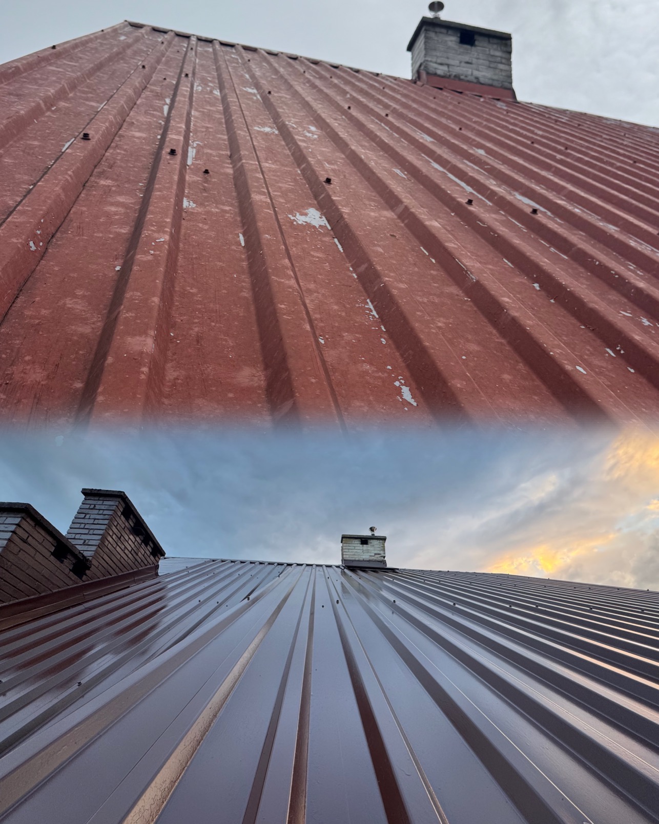 Dach z blachy trapezowej przed i po malowaniu, widok z dołu. Górna część dachu z łuszczącą się, czerwoną farbą, dolna część świeżo pomalowana na brązowo, widoczne kominy.