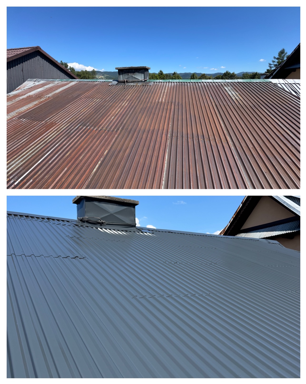 Zdjęcie dachu przed i po malowaniu. Górna część skorodowana, dolna pomalowana na szaro, blacha falista, komin. Widok z góry, niebo w tle.