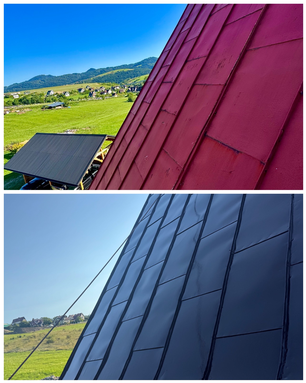 Dach skośny: połowa z blachy w kolorze czerwonym, druga po renowacji - blacha w odcieniach granatu. W tle zielone wzgórza i błękitne niebo.