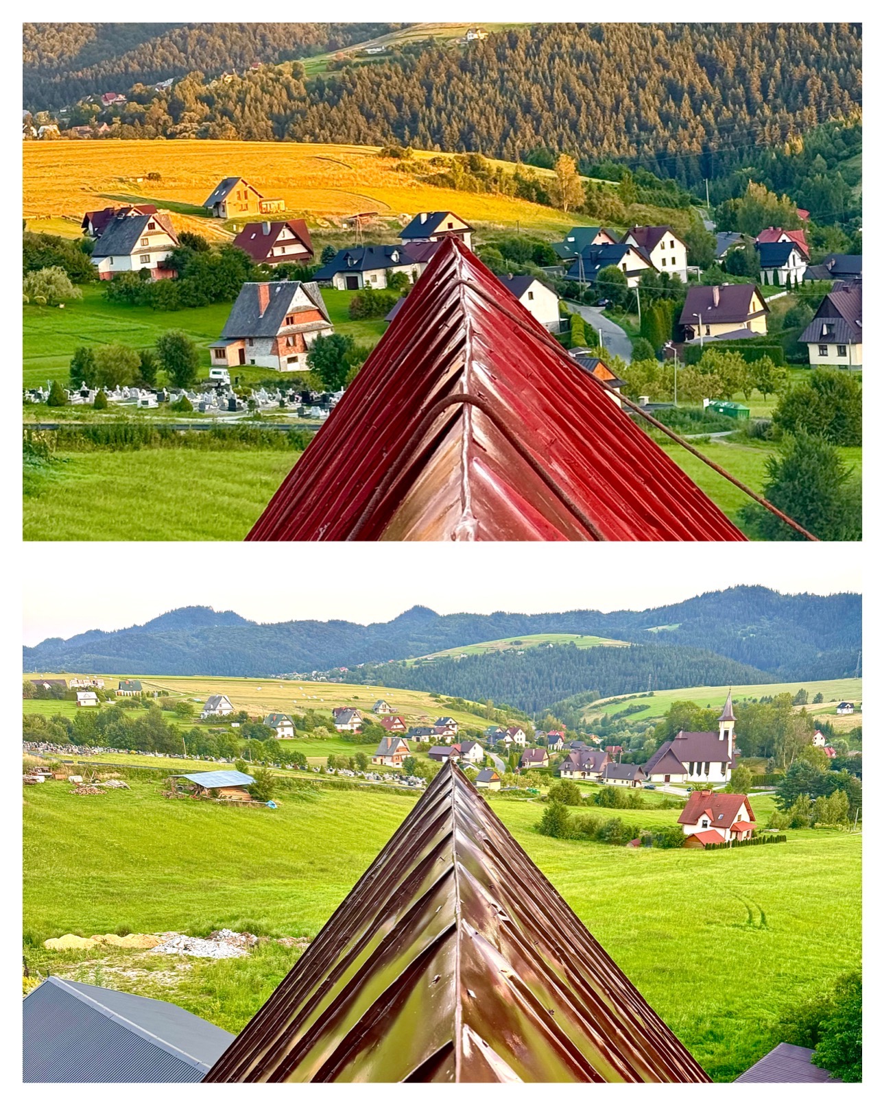 Czerwony dach z blachy na tle malowniczego krajobrazu górskiego z widokiem na wieś i las. Ujęcie z góry, z perspektywy dachu.