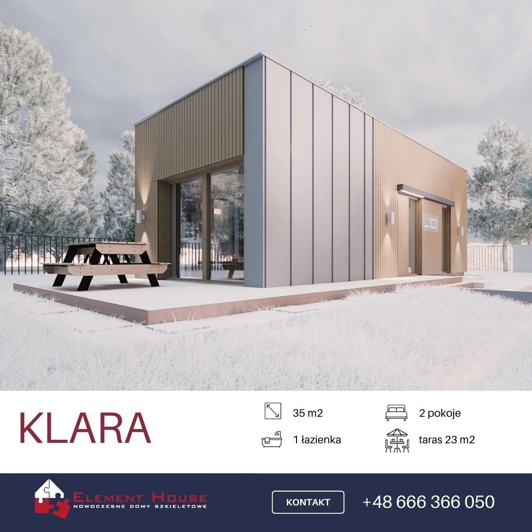 Wizualizacja nowoczesnego domu o powierzchni 35 m2 z tarasem i miejscem do siedzenia na zewnątrz, otoczonego zimowym krajobrazem.