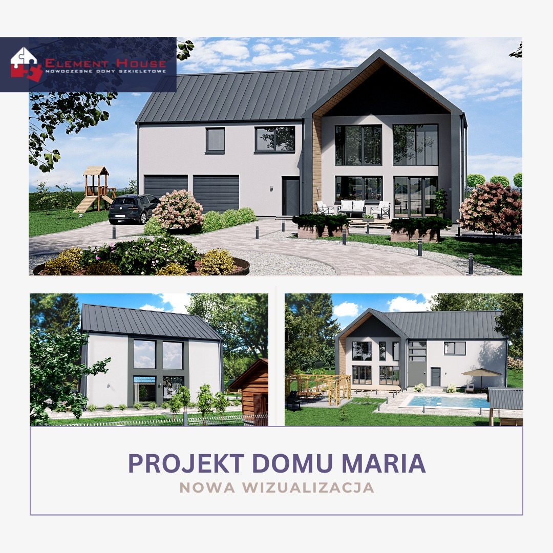 Wizualizacja projektu domu Maria: nowoczesny budynek z szarą dachówką, dwustanowiskowym garażem, tarasem i basenem, otoczony zielenią, prezentowany w trzech ujęciach.