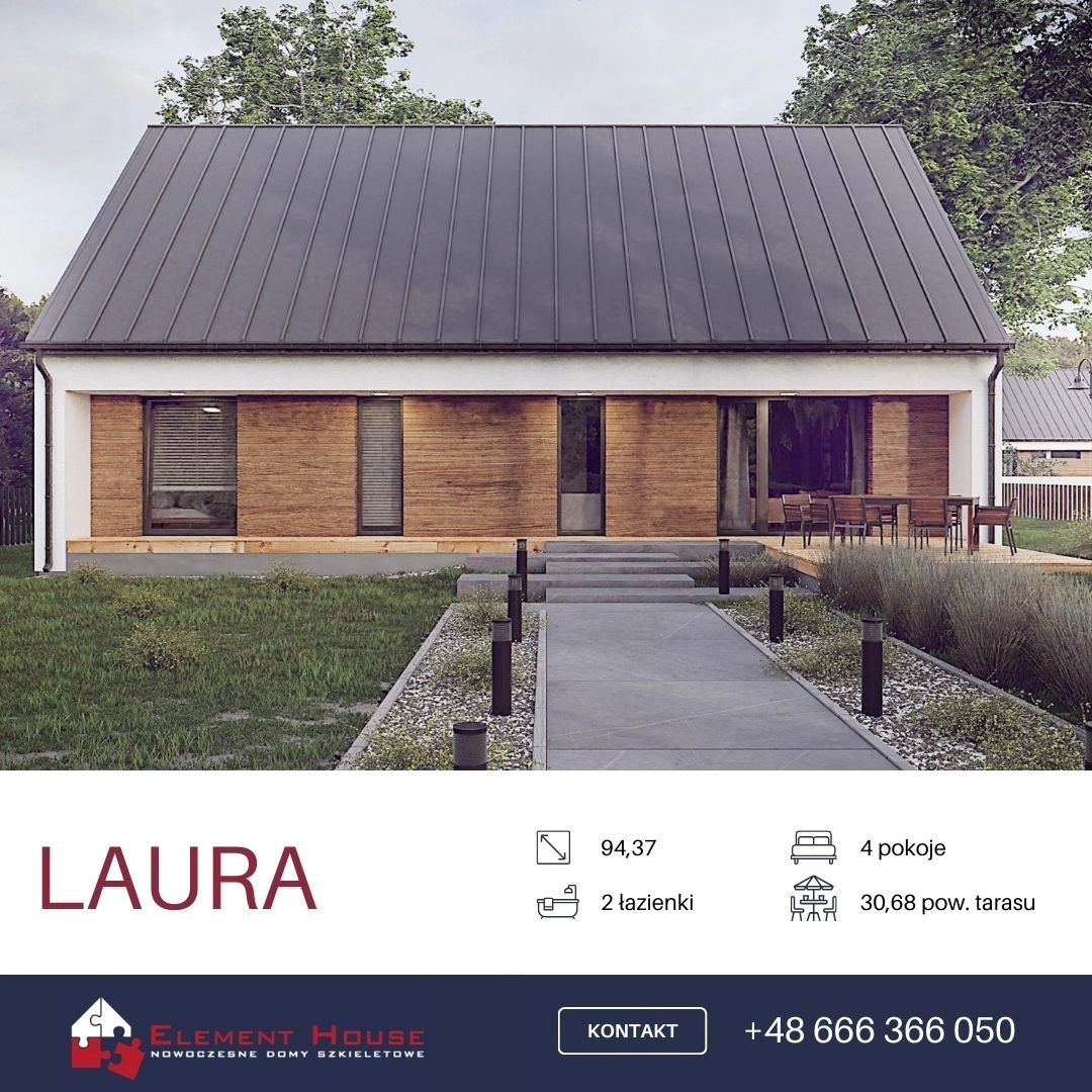 Nowoczesny dom z drewnianą fasadą i ciemnym metalowym dachem, widok z przodu, ścieżka z kostki brukowej prowadząca do wejścia.