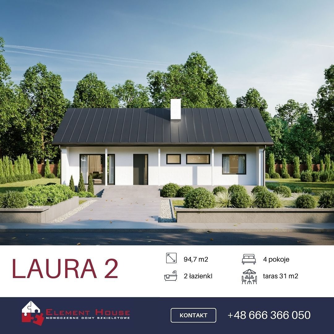 Wizualizacja parterowego domu z białymi ścianami i ciemnym dachem, z przodu zadbany ogród z niskimi krzewami i kostką brukową, model LAURA 2.