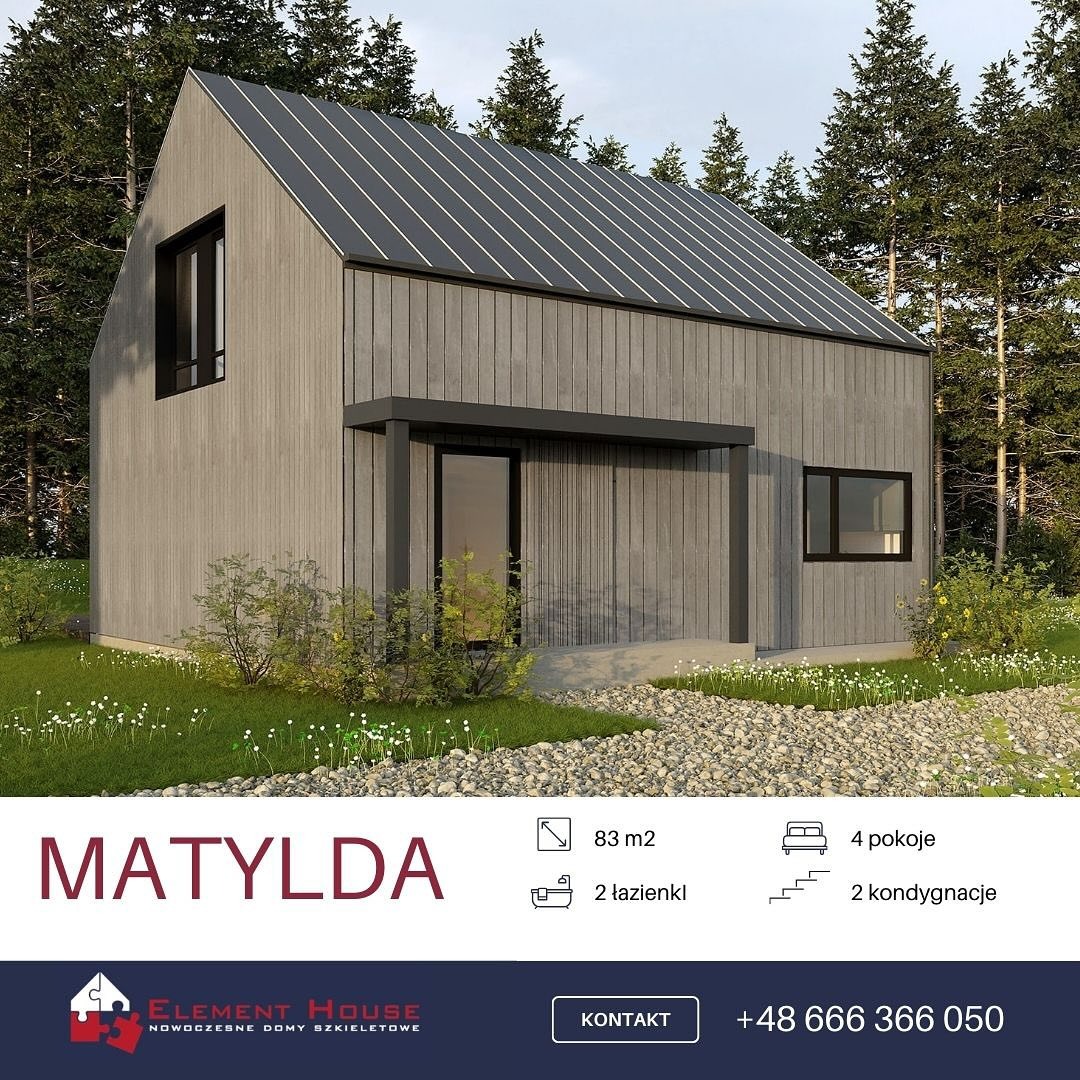 Wizualizacja nowoczesnego domu jednorodzinnego z szarymi, pionowo ułożonymi deskami elewacyjnymi, ciemnym dachem z wyraźnymi liniami i małym zadaszeniem nad wejściem, otoczonego zielenią i drzewami.