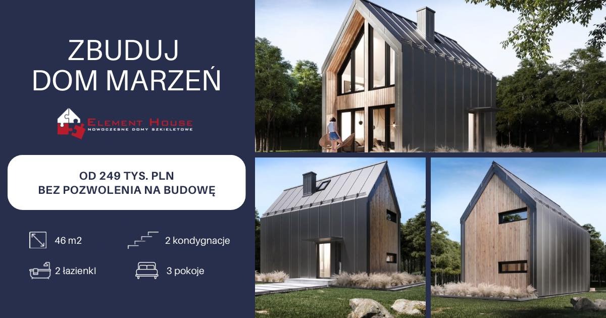 Wizualizacja nowoczesnego domu z elementami metalu i drewna, prezentowana w trzech ujęciach z boku, z przodu i z tyłu, otoczonego zielenią, z informacją o cenie i powierzchni.