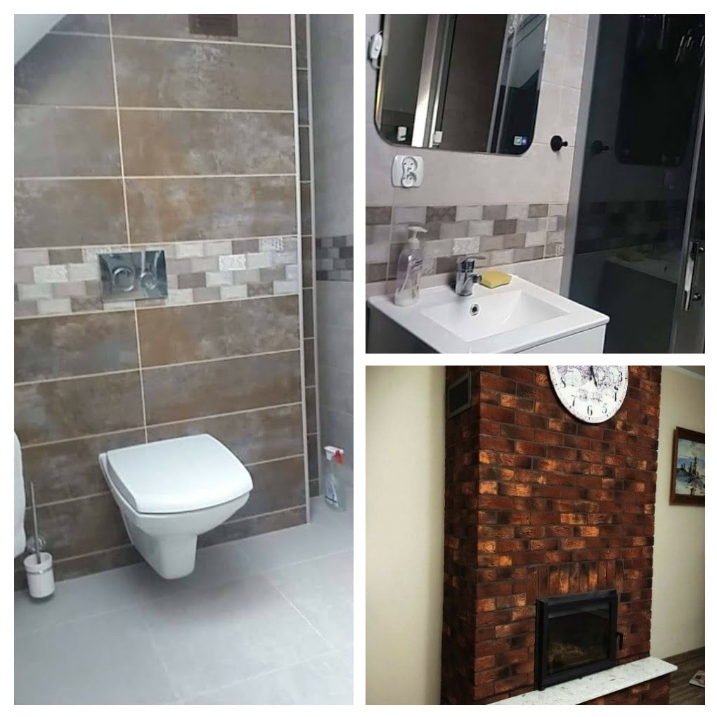 Kolaż przedstawiający wykończoną łazienkę z brązowymi płytkami i podwieszaną toaletą oraz fragment salonu z kominkiem obłożonym cegłą klinkierową i zegarem.