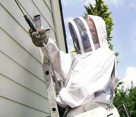 Osoba w białym kombinezonie ochronnym i masce na drabinie, aplikująca preparat za pomocą lancy na elewację budynku.