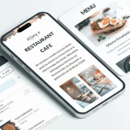 Prezentacja responsywnej strony internetowej restauracji na trzech ekranach smartfonów, ukazująca menu, ofertę śniadaniową oraz możliwość zamówienia online.