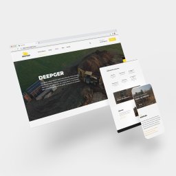 Creativ24 - Prezentacja responsywnej strony internetowej firmy DEEPGER na laptopie i smartfonie, oferującej usługi koparko-ładowarką, z widocznym logo i menu nawigacyjnym.