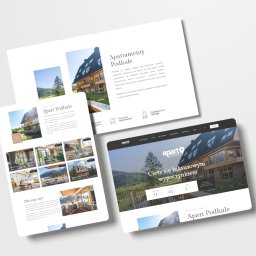 Creativ24 - Prezentacja responsywnej strony internetowej Apart Podhale na różnych urządzeniach: laptopie i tablecie, ukazująca górski krajobraz i nowoczesną architekturę apartamentów.