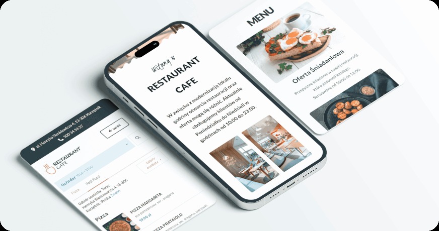 Prezentacja responsywnej strony internetowej restauracji na trzech ekranach smartfonów, ukazująca menu, ofertę śniadaniową oraz możliwość zamówienia online.
