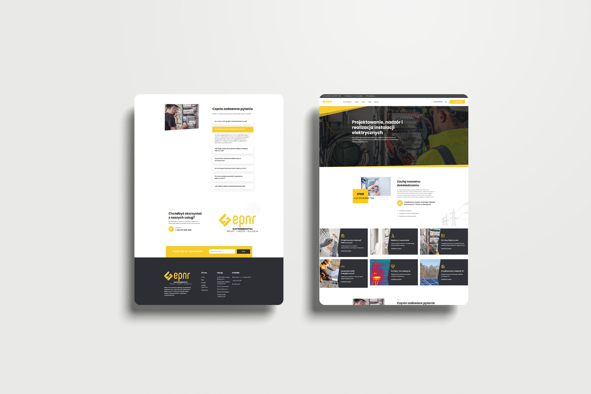 Dwa ekrany komputera prezentujące stronę internetową firmy EPNR Elektroenergetyka, z sekcjami dotyczącymi projektowania instalacji elektrycznych, nadzoru i realizacji, oraz często zadawanych pytań.