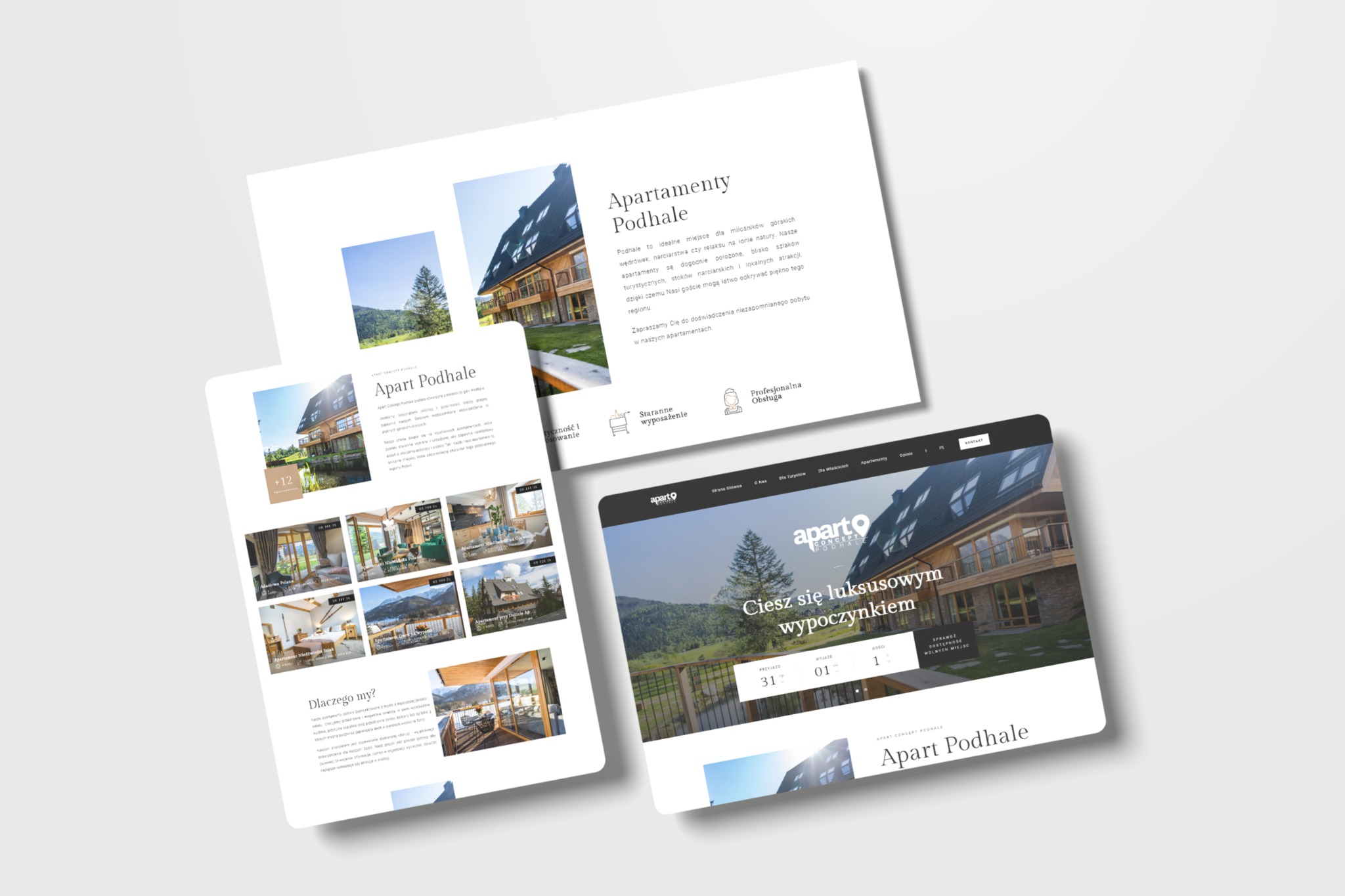 Prezentacja responsywnej strony internetowej Apart Podhale na różnych urządzeniach: laptopie i tablecie, ukazująca górski krajobraz i nowoczesną architekturę apartamentów.
