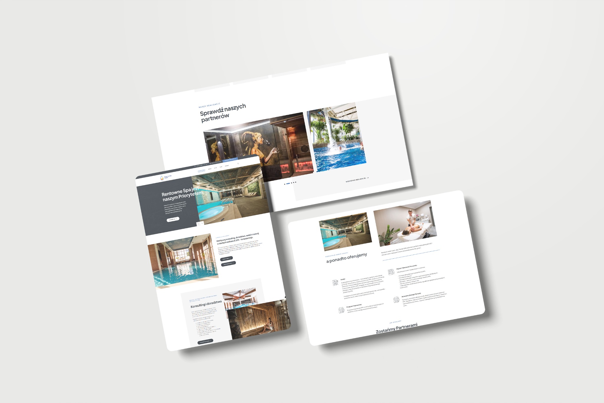 Prezentacja responsywnego projektu strony internetowej z grafikami spa i basenów, wyświetlana na trzech urządzeniach.