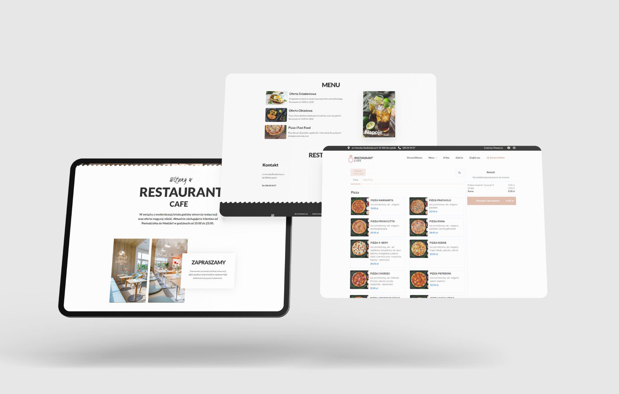 Prezentacja responsywnego projektu strony internetowej restauracji z menu online, daniami, zdjęciami potraw i informacjami kontaktowymi, wyświetlana na ekranie tabletu i laptopa.