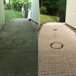 Porównanie stanu kostki brukowej przed i po czyszczeniu: lewa strona pokryta mchem i zabrudzeniami, prawa strona czysta, ukazująca naturalny kolor kamienia.