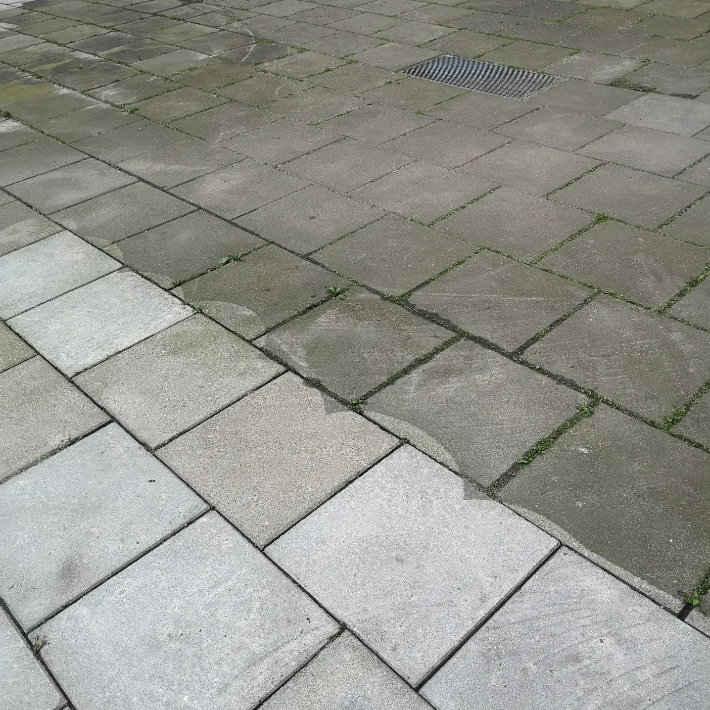 Częściowo oczyszczona kostka brukowa z widoczną różnicą w kolorze i zabrudzeniu, zarośnięte fugi, kratka ściekowa w tle.