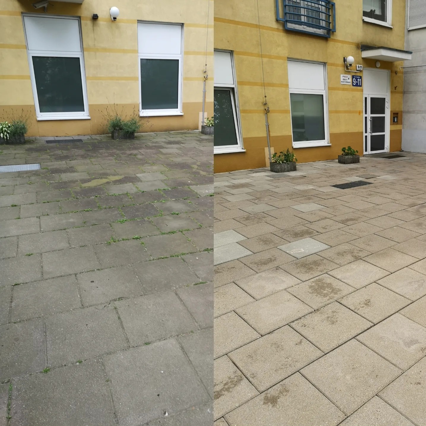 Porównanie stanu kostki brukowej przed i po czyszczeniu, widoczne różnice w kolorze i usunięte zabrudzenia, budynek w tle.