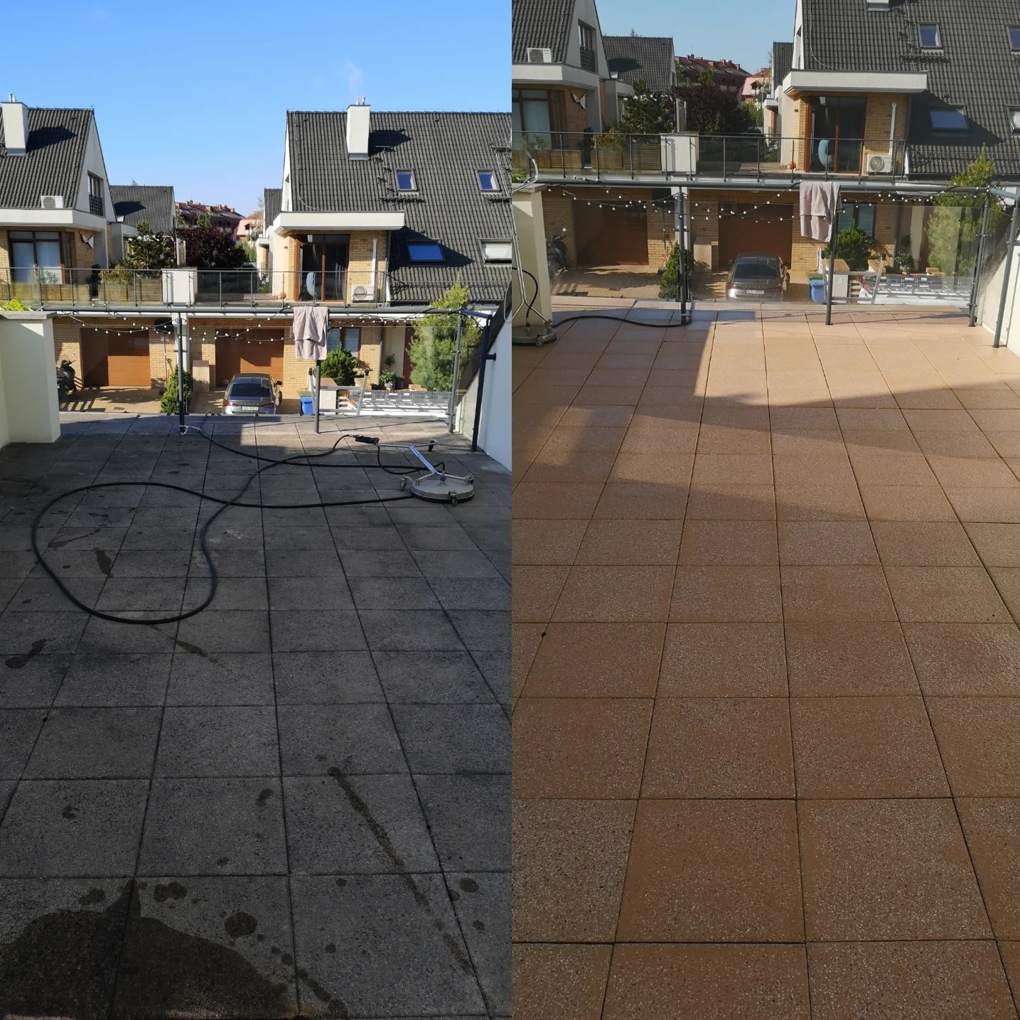 Porównanie stanu kostki brukowej przed i po czyszczeniu z użyciem myjki ciśnieniowej na tarasie z widokiem na domy.
