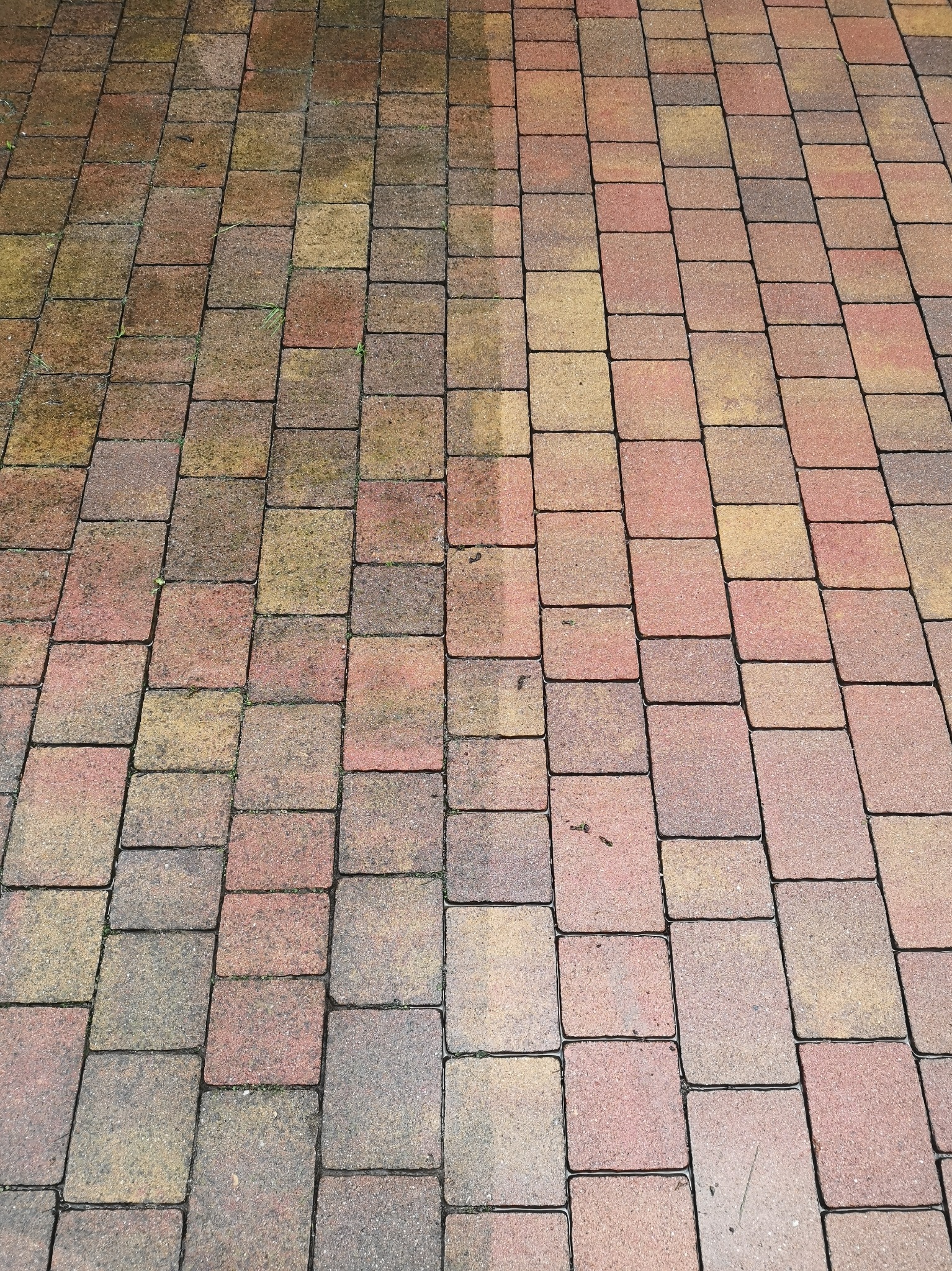 Częściowo wyczyszczona, kolorowa kostka brukowa z widoczną różnicą między brudną i czystą powierzchnią.