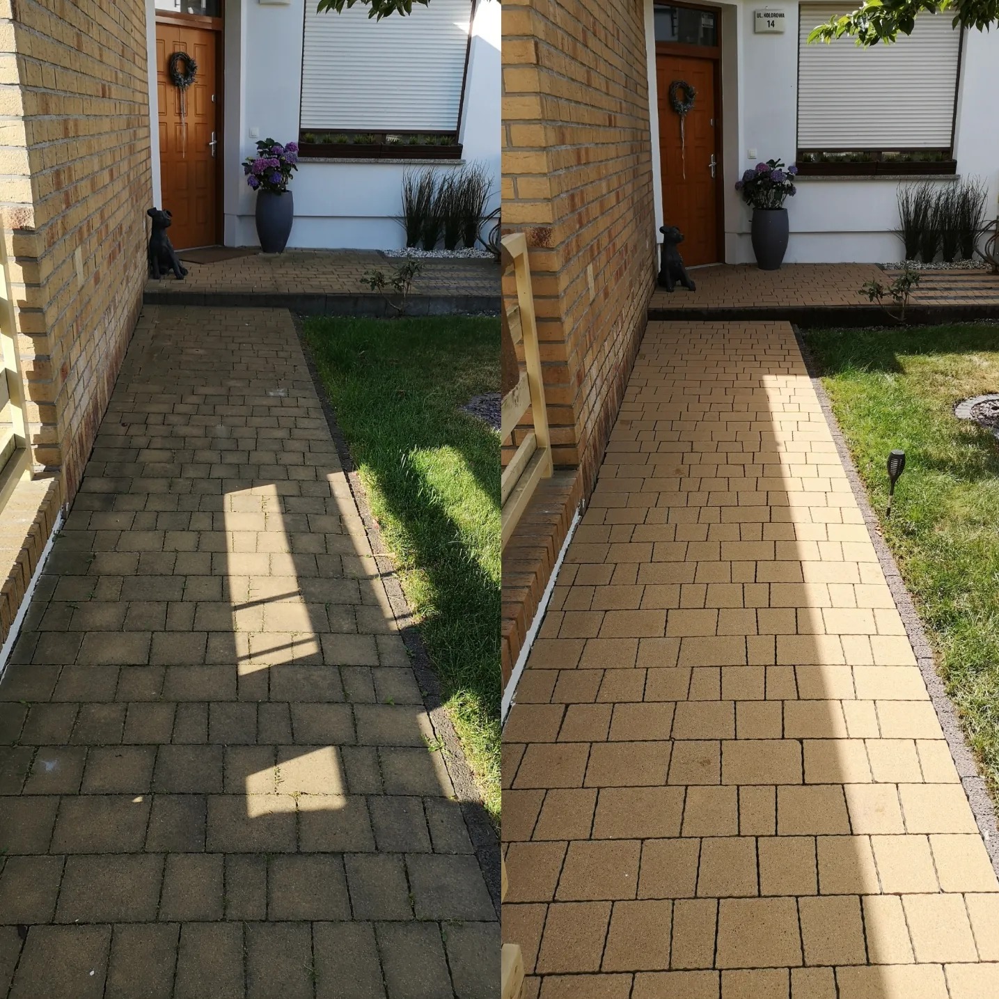 Porównanie stanu kostki brukowej przed i po czyszczeniu, widoczna różnica w kolorze i czystości, z lewej strona zabrudzona, z prawej wyczyszczona, w tle wejście do domu z dekoracjami.