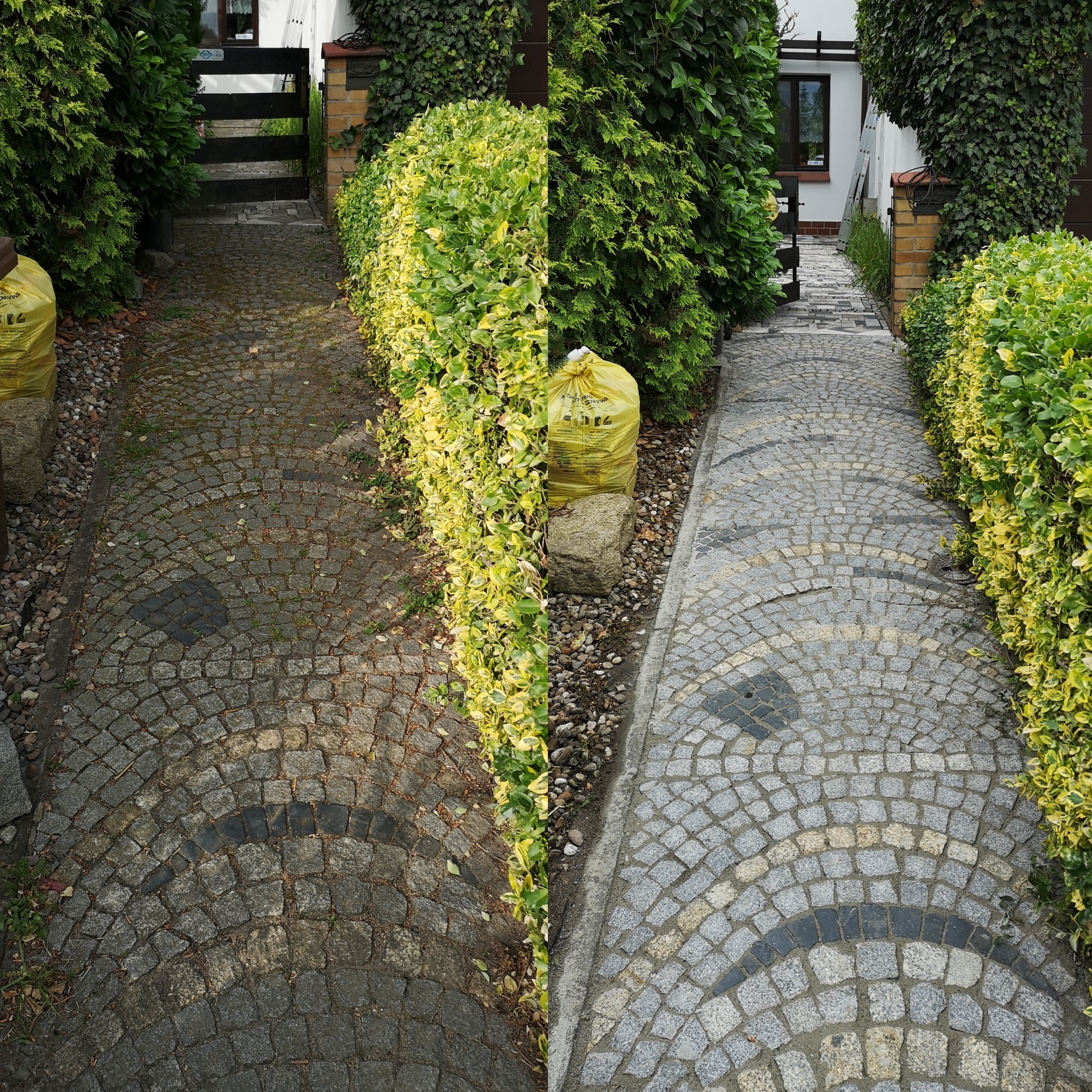 Porównanie kostki brukowej przed i po czyszczeniu, widoczny efekt odświeżenia i usunięcia zabrudzeń, żółty worek na śmieci obok.