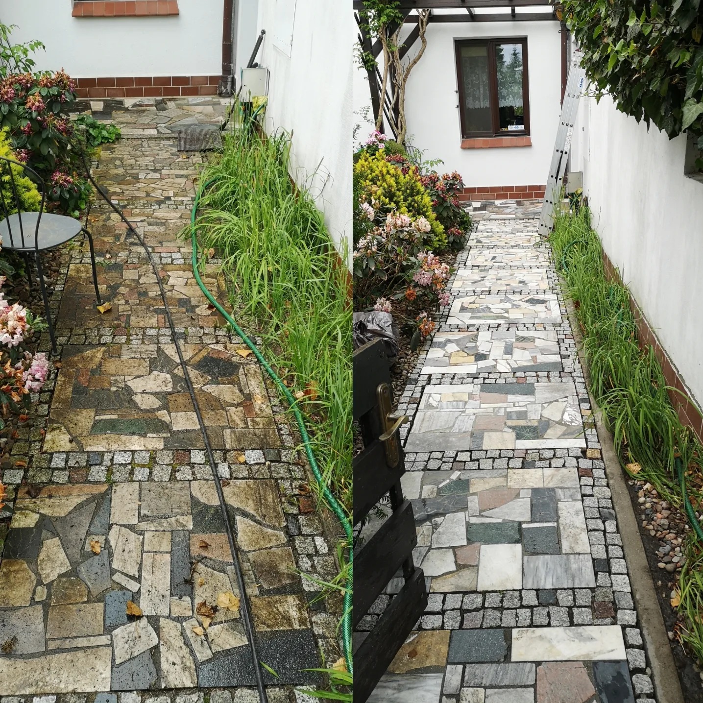 Porównanie: Brudna kostka brukowa przed i czysta po myciu, widoczne różnice w kolorze i usunięte zabrudzenia, trawa rosnąca wzdłuż ścieżki.