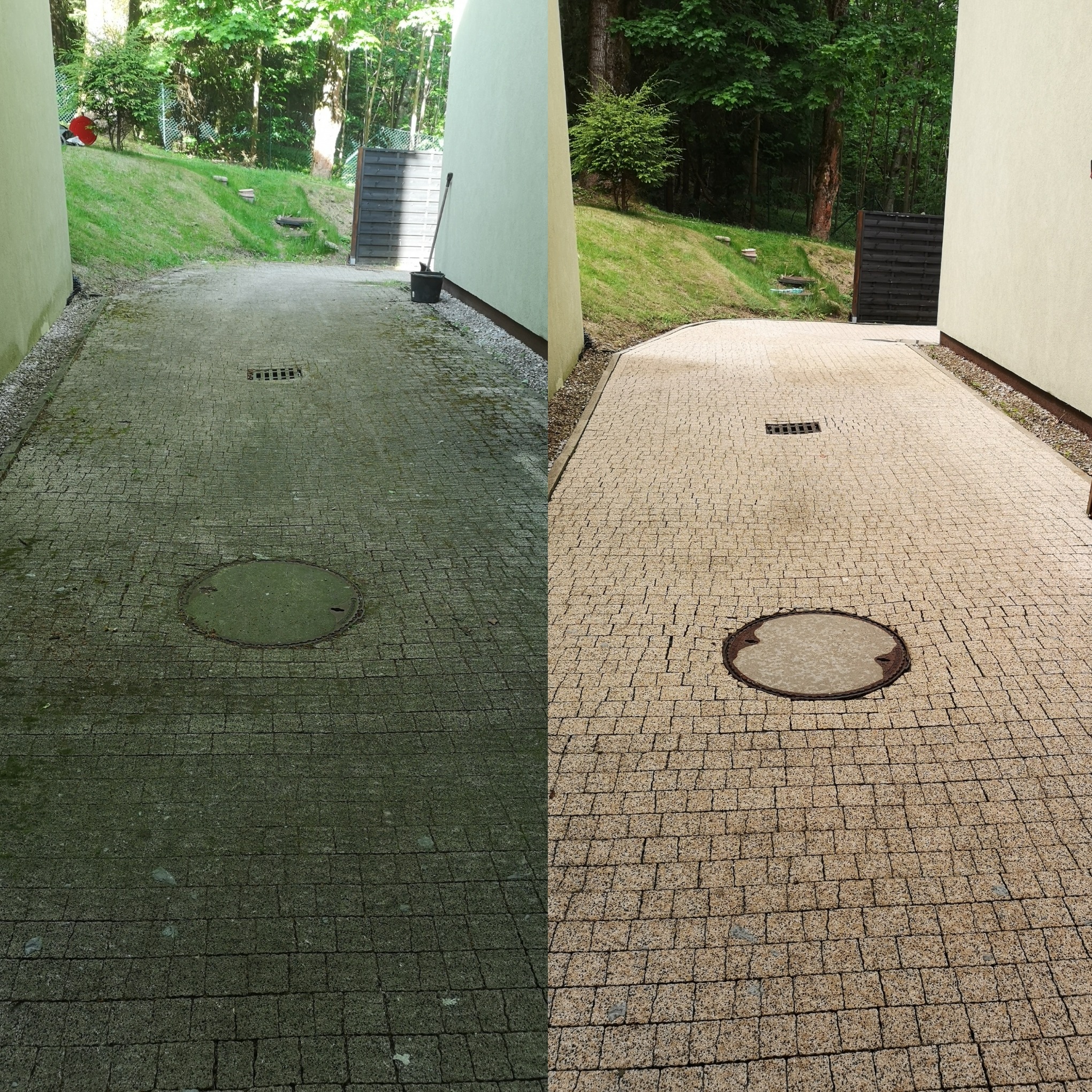 Porównanie stanu kostki brukowej przed i po czyszczeniu: lewa strona pokryta mchem i zabrudzeniami, prawa strona czysta, ukazująca naturalny kolor kamienia.