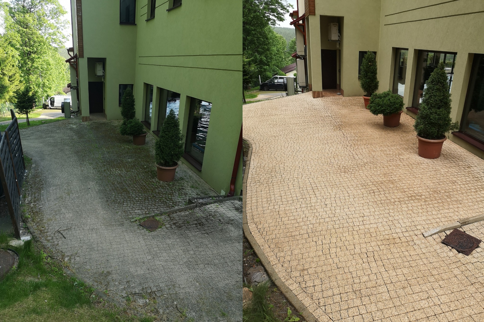 Porównanie kostki brukowej przed i po czyszczeniu, widoczna różnica w kolorze i usuniętych zabrudzeniach na tle budynku z zieloną elewacją i ozdobnymi drzewkami w donicach.