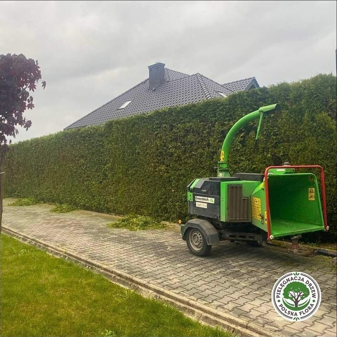 Zielony rębak do gałęzi GreenMech na tle przystrzyżonego żywopłotu i domu jednorodzinnego z szarą dachówką, resztki po cięciu na chodniku.
