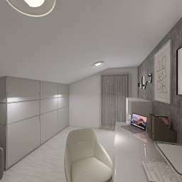 Weronika Jakubowska-Urszulik - Wnętrze poddasza z białymi meblami: szafa w zabudowie, biurko z laptopem i drukarką, szary fotel. Na ścianie obrazy. Minimalistyczny styl.