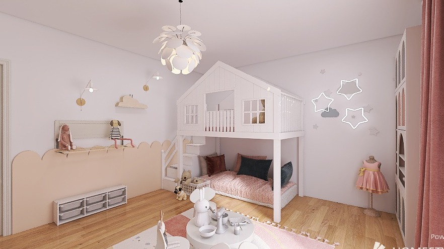 Projekt pokoju dziecięcego z łóżkiem w kształcie domku, pastelową kolorystyką i dekoracjami gwiazd. Widoczne meble i dodatki tworzą przytulną przestrzeń.