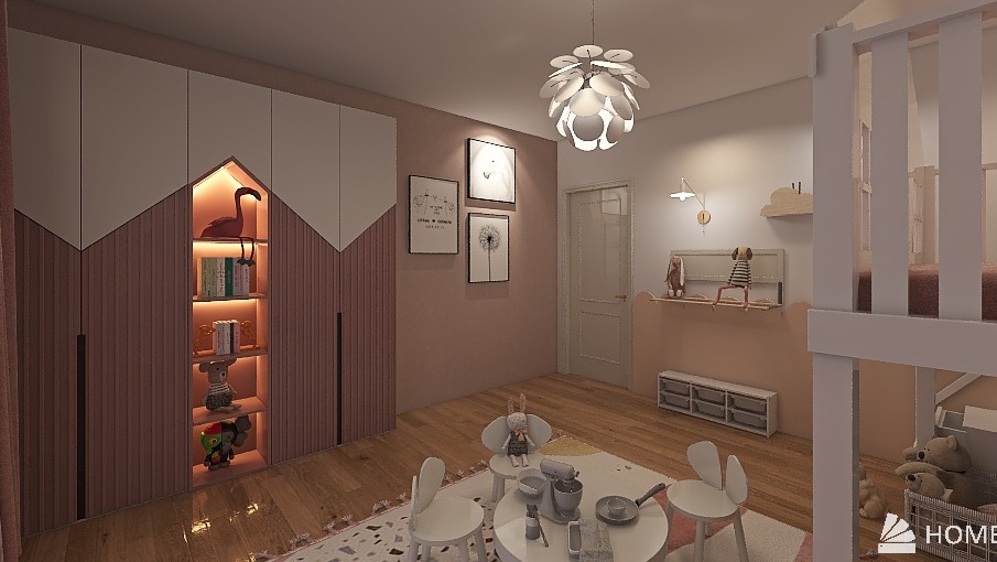 Pokój dziecięcy z łóżkiem piętrowym, szafą z podświetlaną wnęką na zabawki, okrągłym stolikiem i pastelowymi dekoracjami na ścianach.