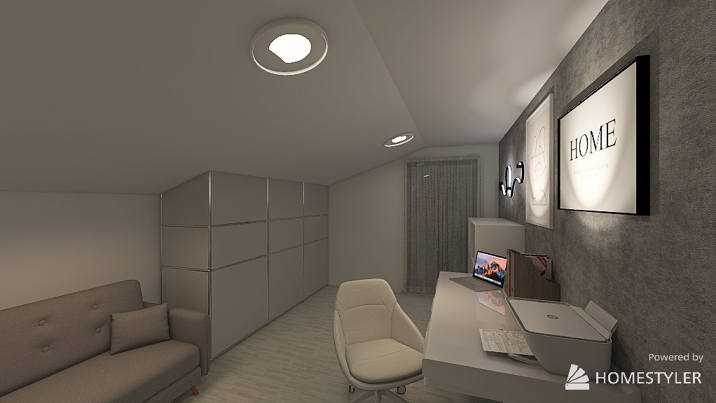 Jasne poddasze ze strefą pracy: biurko z laptopem, krzesło, sofa i duża szafa w zabudowie. Na ścianie grafika 'HOME'. Oświetlenie sufitowe punktowe.