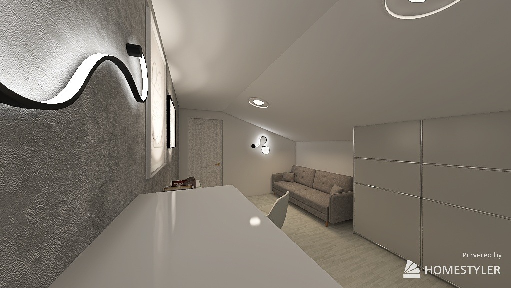Wizualizacja pokoju na poddaszu z szarą ścianą, nowoczesnym oświetleniem, białym biurkiem i sofą. Widoczna szafa przesuwna i dekoracje ścienne.