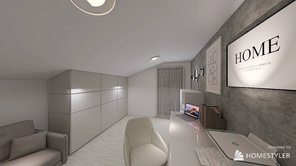 Wnętrze poddasza z białymi meblami: szafa w zabudowie, biurko z laptopem i drukarką, szary fotel. Na ścianie obrazy. Minimalistyczny styl.