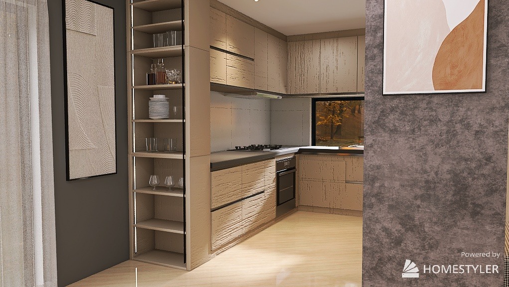 Neutralna kuchnia z drewnianymi szafkami o wyraźnej fakturze, otwartymi półkami z zastawą i dekoracjami. Nad blatem okno z widokiem na drzewa.