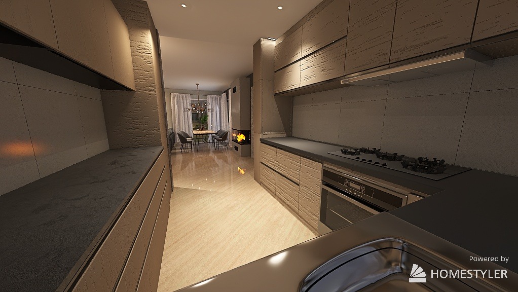 Wnętrze kuchni z elementami drewna i szarości, widok na jadalnię z kominkiem. Uwagę przykuwa nowoczesna płyta grzewcza i minimalistyczny design.