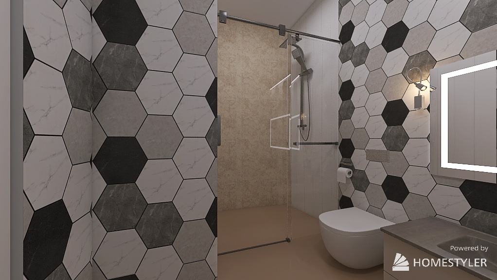 Wizualizacja nowoczesnej łazienki z heksagonalnymi płytkami w odcieniach szarości, kabiną prysznicową ze szklanymi drzwiami i podświetlanym lustrem.