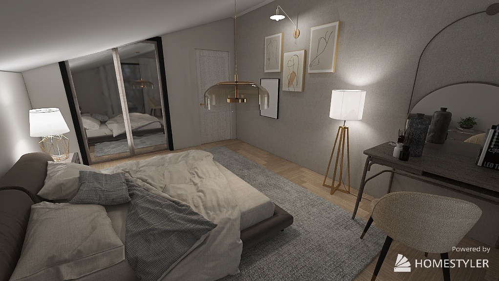 Klimatyczna sypialnia z łóżkiem, toaletką i lustrem. Stonowana kolorystyka, lampa podłogowa i wisząca. Duże lustro szafy w tle. Całość w stylu minimalistycznym.