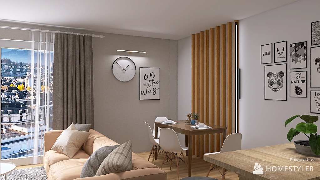 Jasne wnętrze mieszkania z sofą, stołem i drewnianą ścianką działową. Widok na miasto przez okno. Minimalistyczny design z dekoracjami na ścianie.